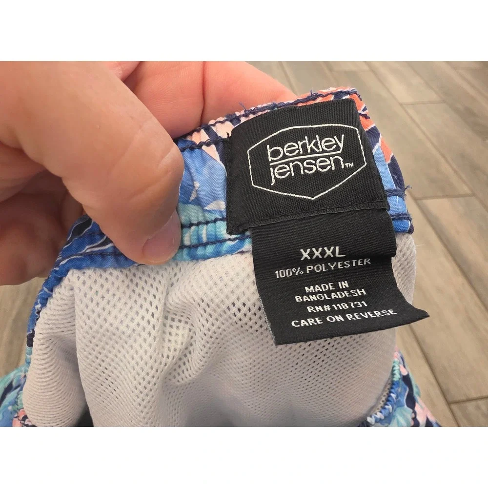 Berkley Jensen Mens XXXL Tropical Floral Swim Trunks Blue Coral Mesh Lined 3XL